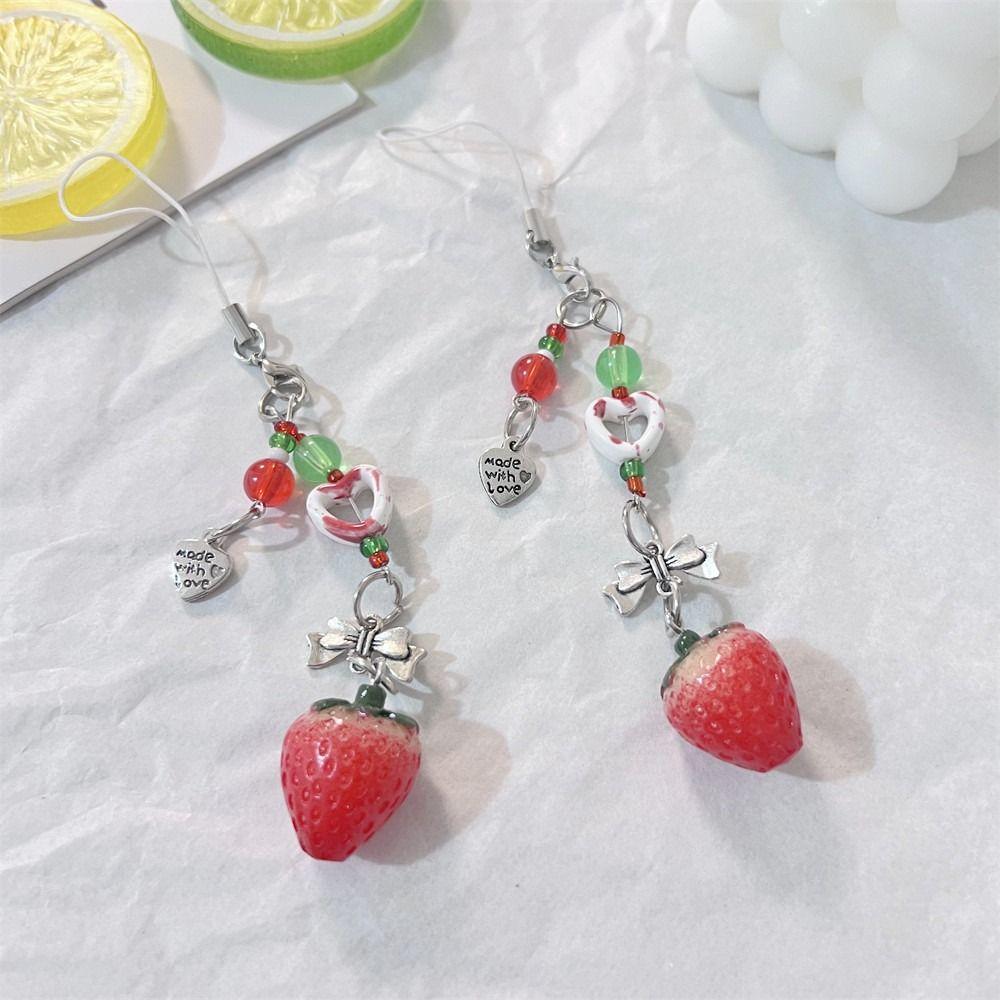 Y2K 3D Strawberry Phone Strap Cute Love Heart Pendant Keychain  Bag Phone Accessories