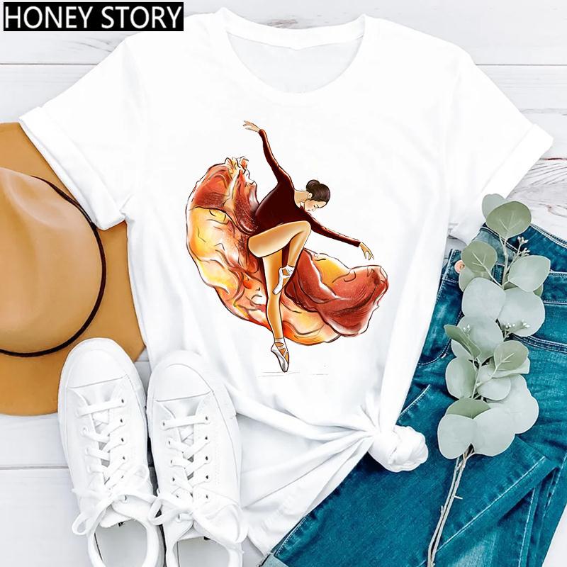 Watercolor Dance Gymnastics Print round Neck Casual T-shirt Short Sleeve Creative Fashion Summer Polyester Blend polyester fabri