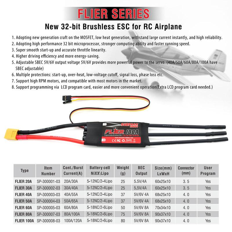 SURPASS HOBBY Flier 20A 30A 40A 50A 60A 80A 100A Brushless ESC Speed Controller with BEC 2-6S for RC Airplanes Helicopter