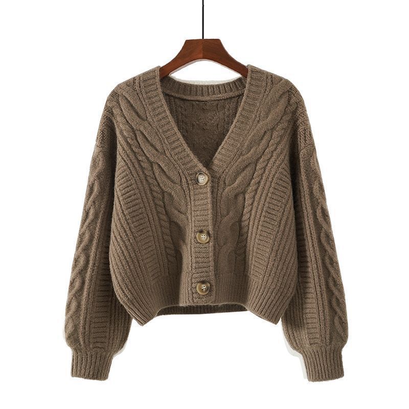 Women's V-neck Cardigan Sweater Loose Retro Cable Knit Short Cardigan Fall Winter Knit Top Outwear