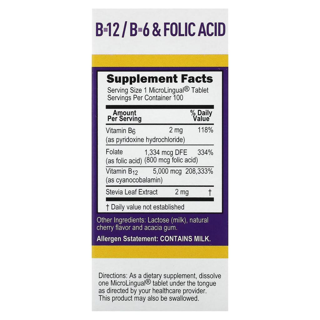 B-12, B-6 and Folic Acid, Instant Dissolving Microlingual 100 Tablets