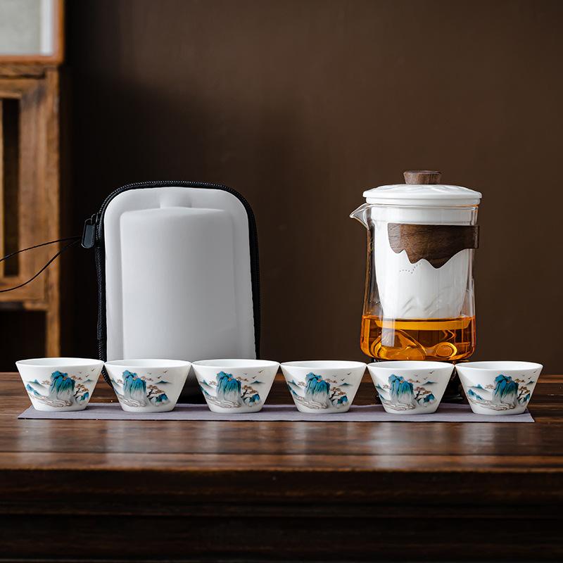 Dehua white porcelain glass travel set outdoor accompanying portable kung fu tea set business gifts can be customized