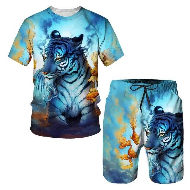 The Tiger 3D Printed T-Shirt/Suit Summer Short Sleeved O-Neck Men's Beach Pants 2 Pcs Set Couple Sportswear Swimming Shorts