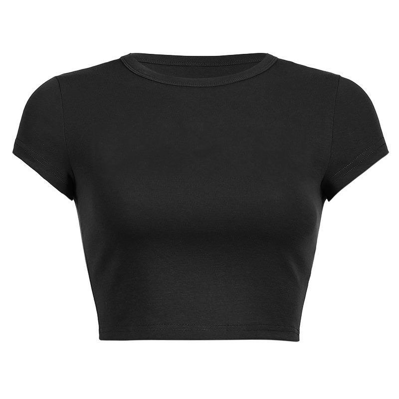 Новая летняя однотонная женская укороченная футболка с коротким рукавом, приталенная повседневная хлопковая футболка, женская простая модная элегантная футболка, женская 24498