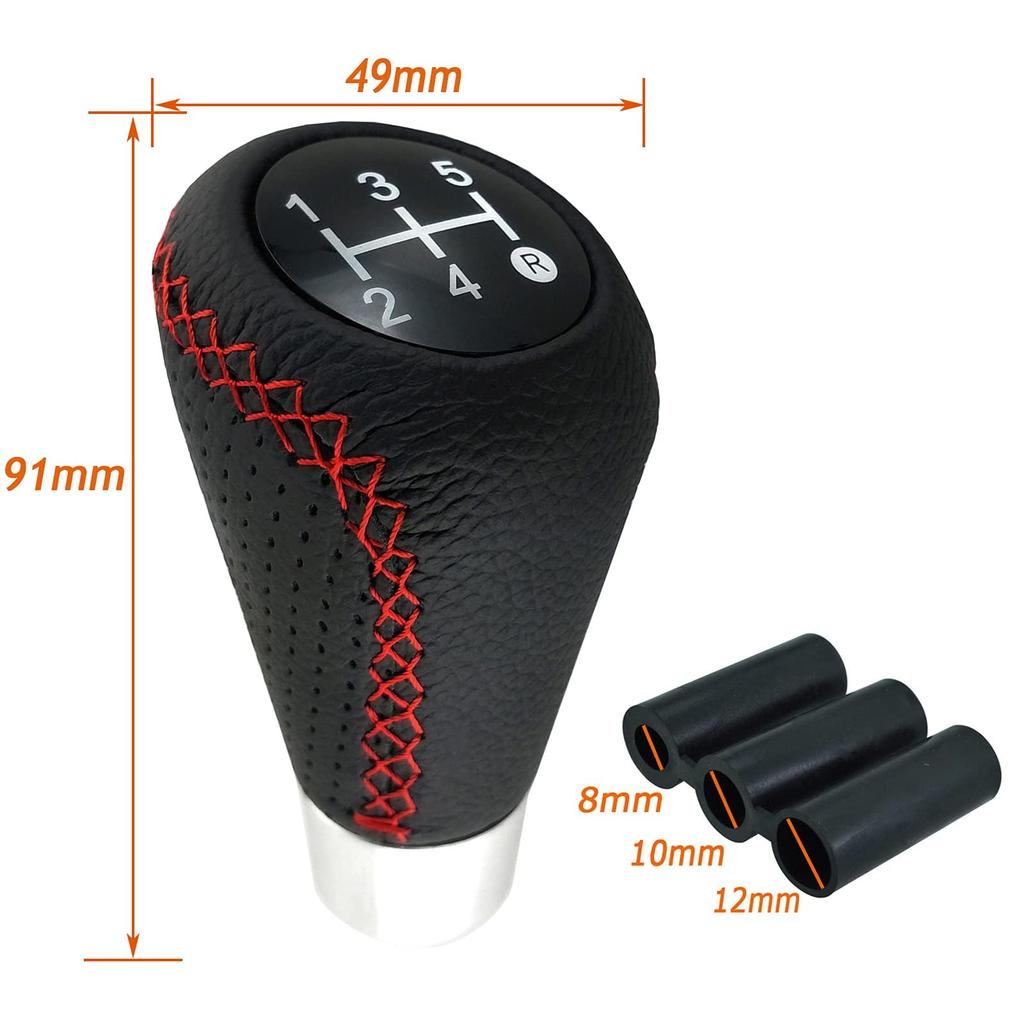 Lunsom 5 Speed Shift Knob PU Leather Car Gear Shift Lever Shift Knob Replacement for Manual Car (Red Stitch)