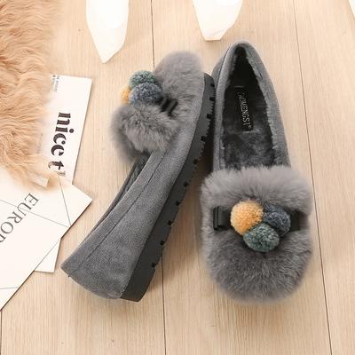 T29 2025 осень и зима новая толстая подошва круглый носок кроличий мех замшевые туфли теплые туфли-дутики женские