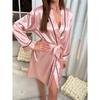Simple Satin Night Robe Elegant V Neck Long Sleeve House Robe with Belt Women's Sleepwear