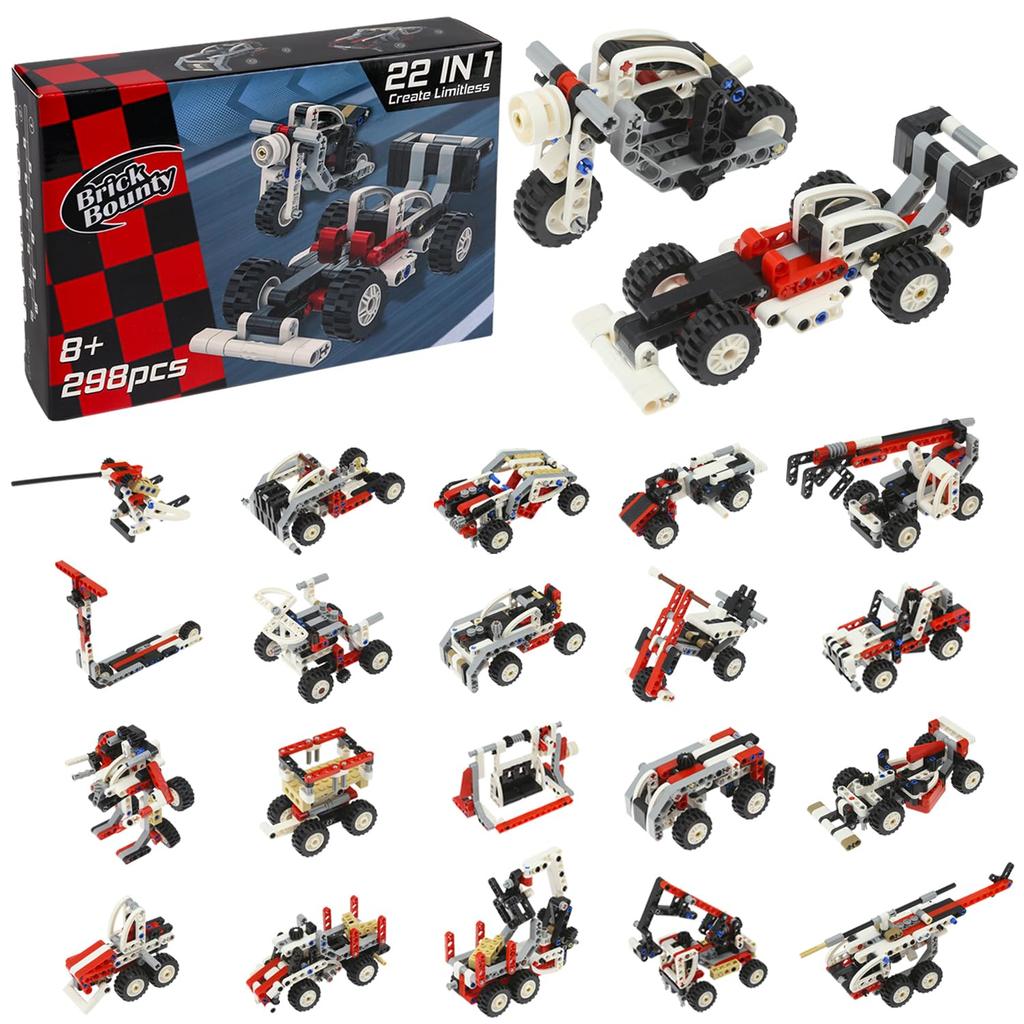 BrickBounty 22 In 1 Racing Car and Motorcycle Toy Set (289 Pieces), Bricks Transform from Car To Scooter, Robot, Helicopter, Swing, MOC Building