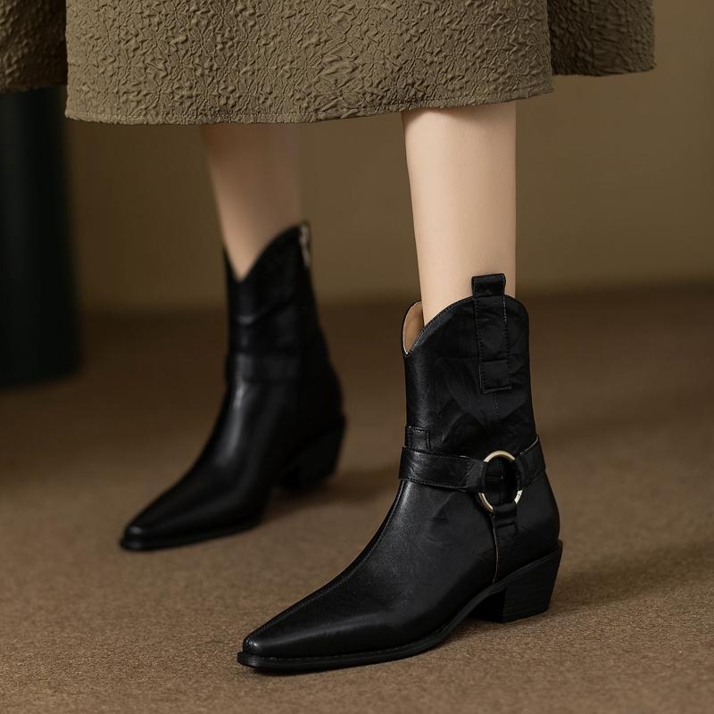 2024 New Autumn Women Boots Pointed Toe Women Shoes Chunky Heel Ankle Boots Winter Western Boots Cowboy Boots Genuine Leather