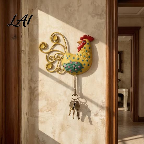 Farmhouse Wall Mounted Key Holder Painted Metal Rooster Hook Style 3D Iron Kitchen Storage Hook Decor for Keys Towels Decorative Hanging