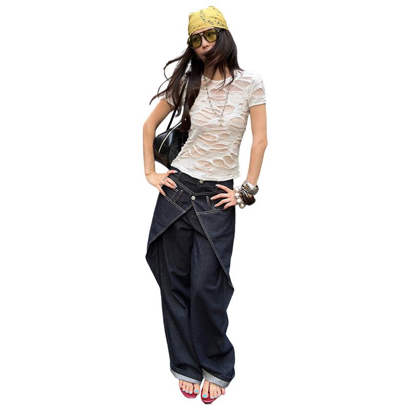 Street sense round neck slim fit fashion hole T T