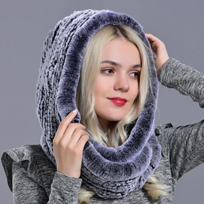 Объемные шапки с капюшоном из кроличьего меха для женщин, зимняя теплая новинка, вязаная меховая шапка-шарф, стильная модная большая женская меховая шапка из натурального меха