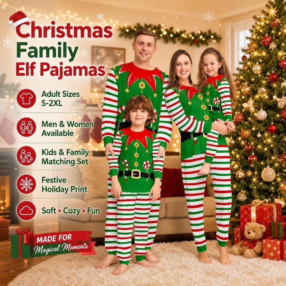 Striped Christmas Pyjamas Set Elf Xmas Sleepwear New Top+Pants Loungewear