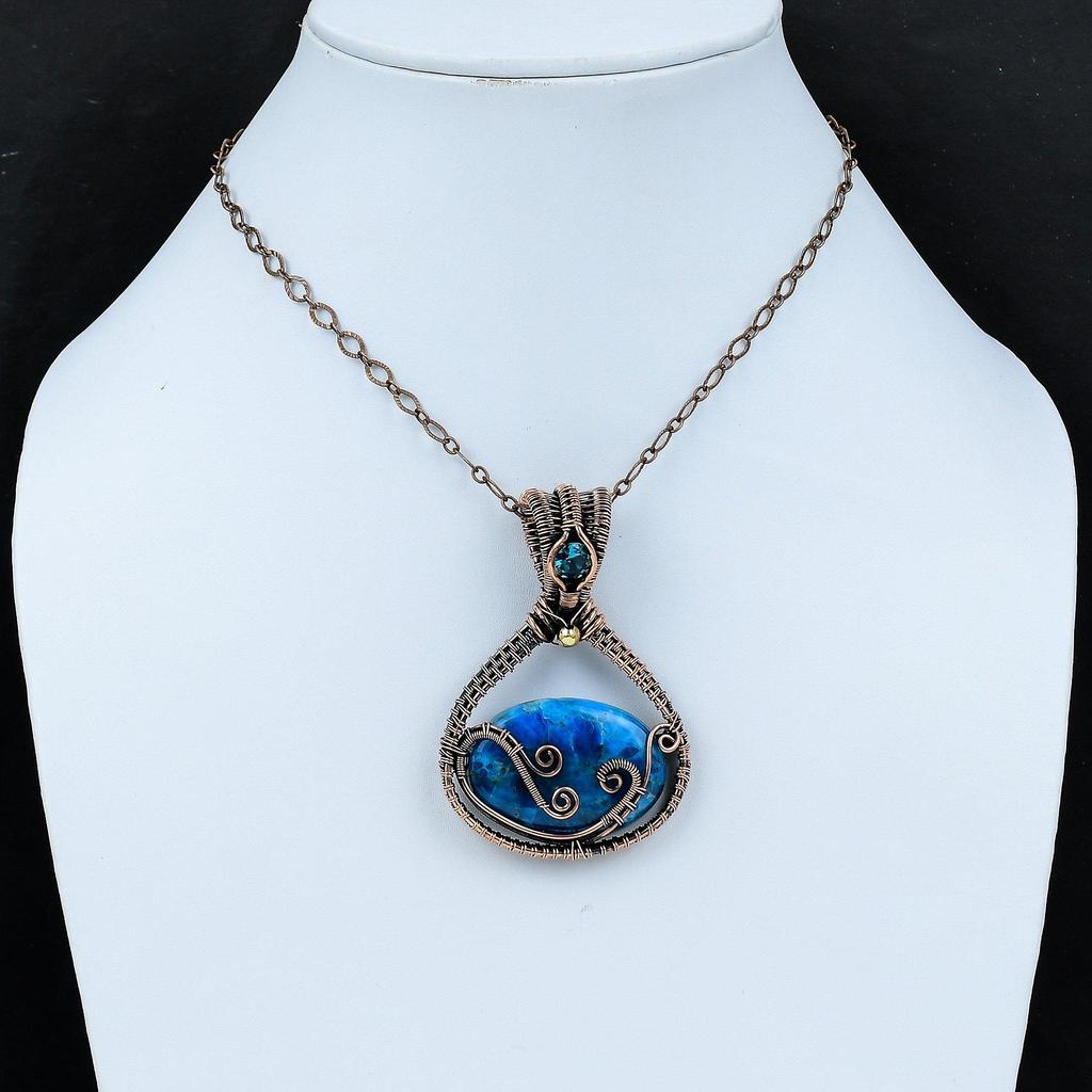 Неоновый апатитовый кулон, обернутый медной проволокой, ювелирное изделие ручной работы, швейцарский голубой топаз, медное ювелирное изделие для подарка, кулон из натурального драгоценного камня