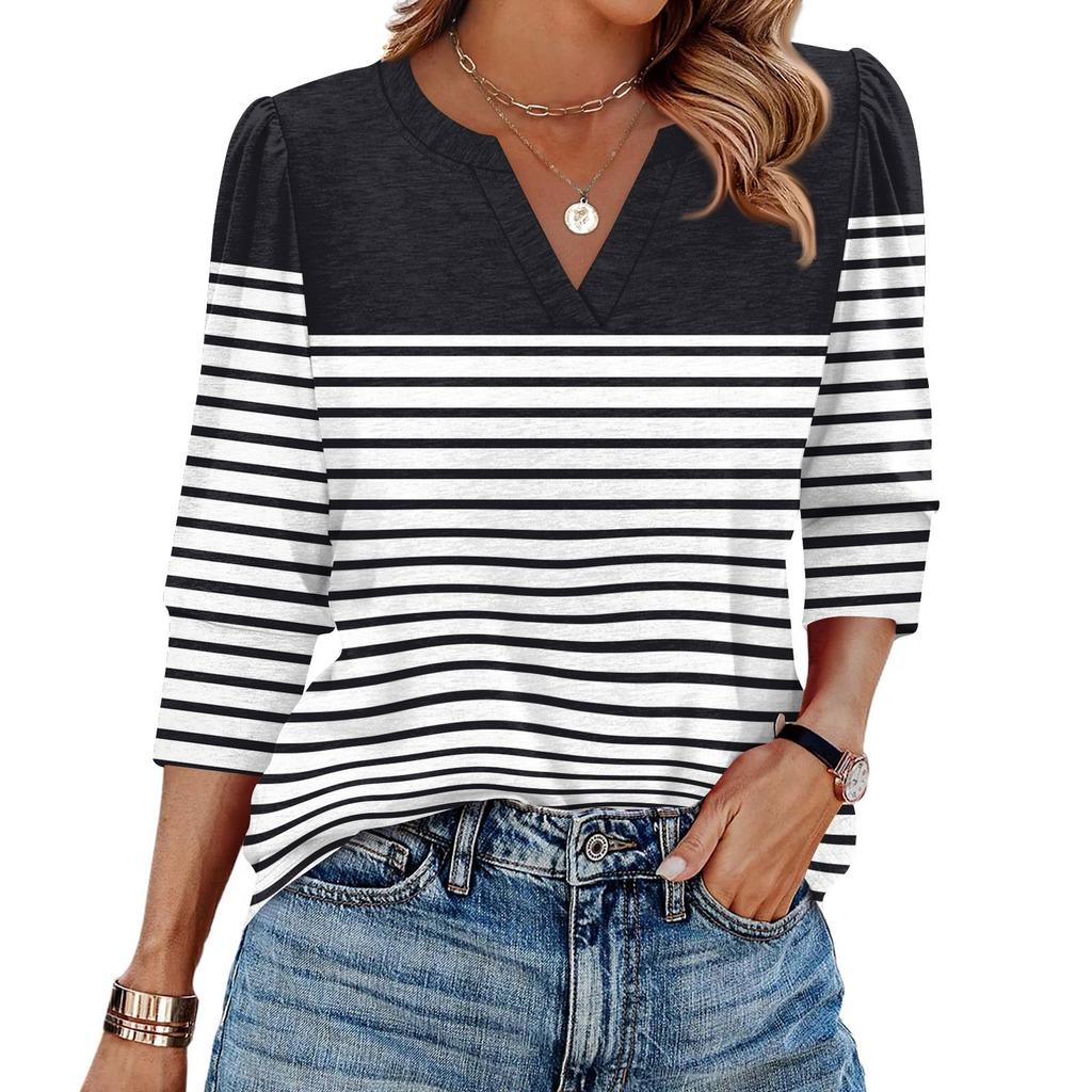 Women's Fashion Casual 3/4 Sleeve Print Shirt Women's V-Neck Tops