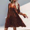 Spring Fall Women Dress Golden Velvet V Neck Pleated Patchwork Long Sleeves A-line Solid Color Knee Length Dating Shopping Midi Dress