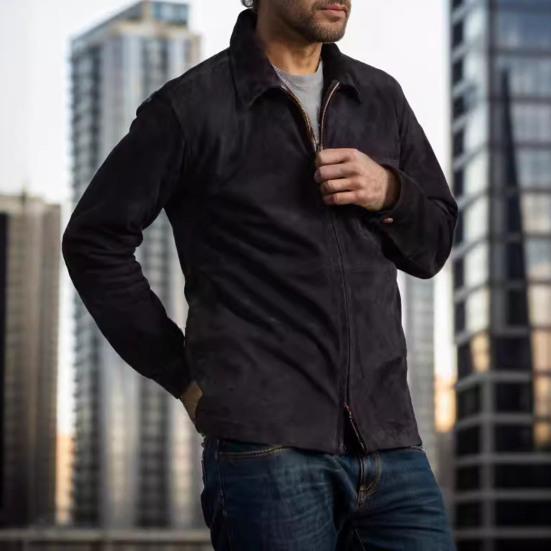 Men Coat Lapel Long Sleeve Solid Color Suede Jacket with Double-Ended Zipper Pockets Casual Street Style Outerwear