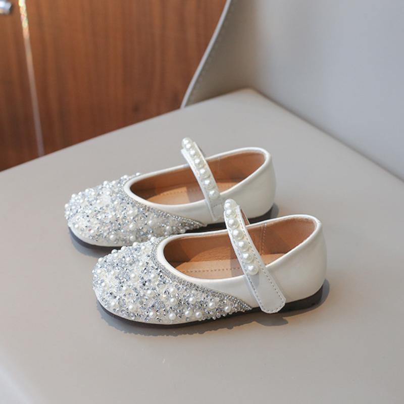 New Little Girl Fashionable Korean Style Pearl Princess Little Leather Shoes Crystal Dancing Shoes