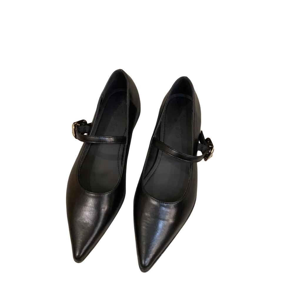 Туфли-лодочки на низком каблуке, черные, темпераментные, женские туфли 2024, новые весенне-осенние французские туфли на плоской подошве с острым носком, вечерние