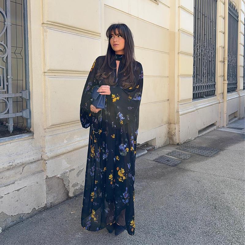 Длинные платья с принтом для женщин, свободные платья с рукавами-фонариками и воротником-стойкой, весна-лето 2025, женское платье для отпуска