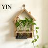 Small Green Plant Pot Wooden Wall Propagation Planter, Mounted Planter with Clear Glass Tubes for Vertical Display Hydroponic Plants, Shelf