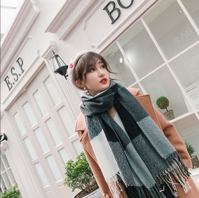 Клетчатый зимний шарф для женщин - шаль с кисточками в корейском стиле из искусственного кашемира