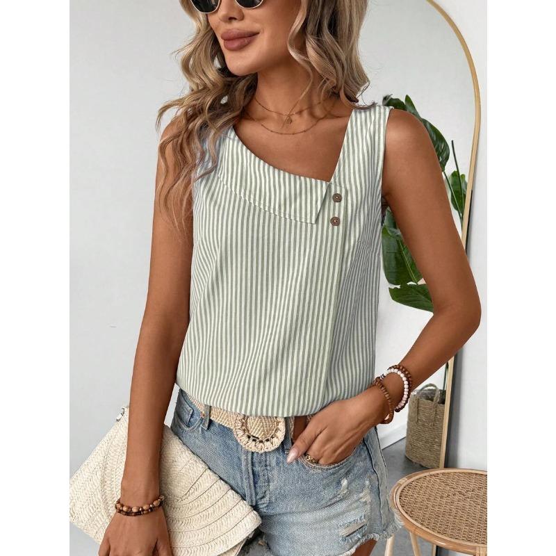 New Women's Casual Sleeveless Striped Top T-shirt with A Slanted Collar