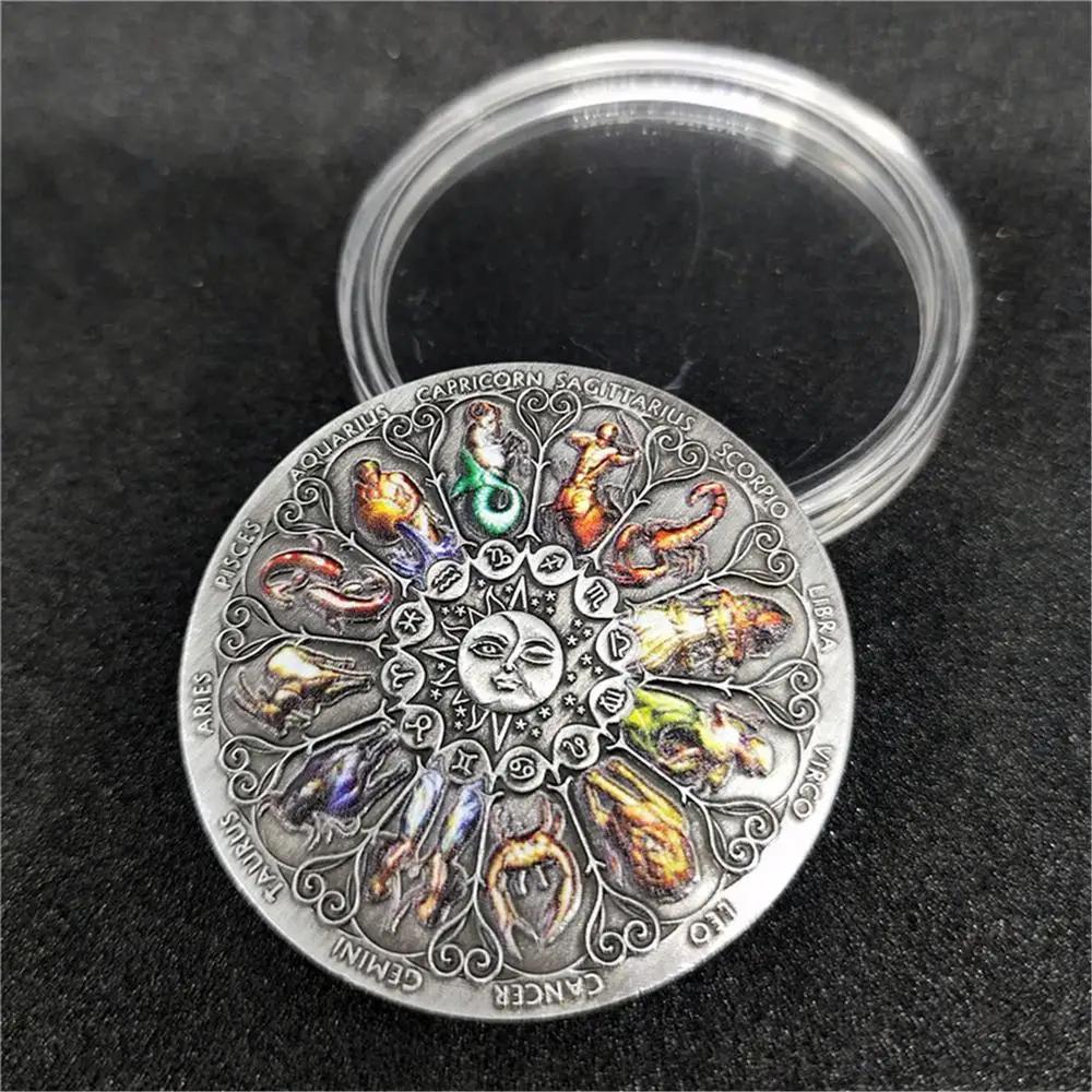 Серебряная монета «Двенадцать созвездий», Тувалу, старинная серебряная монета с высоким рельефом, красочные сувенирные монеты, коллекционная подарочная монета