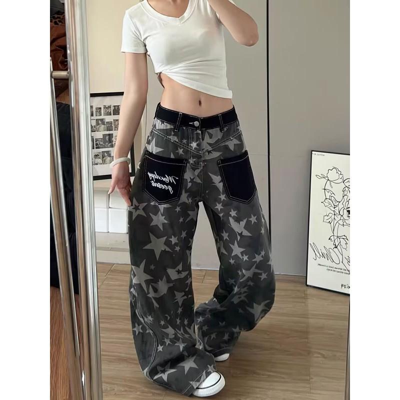 Womens Retro Hong Kong Style Denim Pants With Star Print Loose High-Waist Wide Leg Trousers