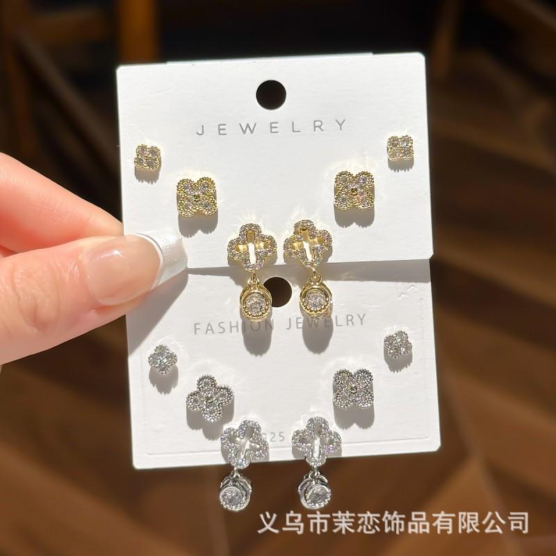 Elegant Hollow Four-Leaf Clover Ear Studs Set 3 Pairs Lightweight Gold Plated Post Womens Minimalist Fashion Jewelry