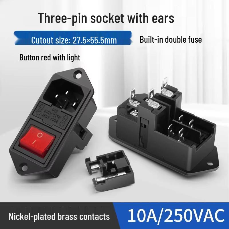 3-in-1 Schuko Socket with Cord, Large Rocker Switch, Dual Fuses, AC Power, Female.