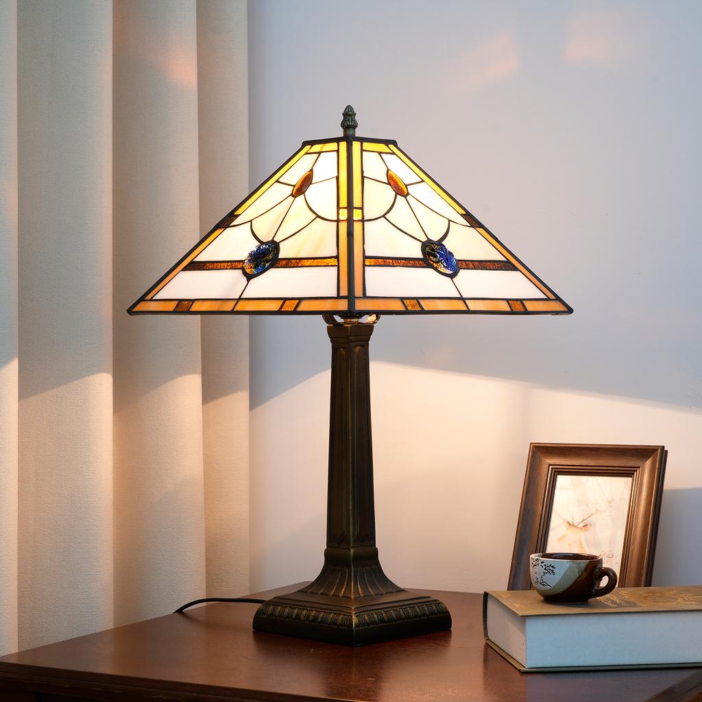 Retro Lamp Stained Glass Table Lamp Amber Brown Mission Style Desk Lamp Decor for Bedrooms Living Room Study Home Office
