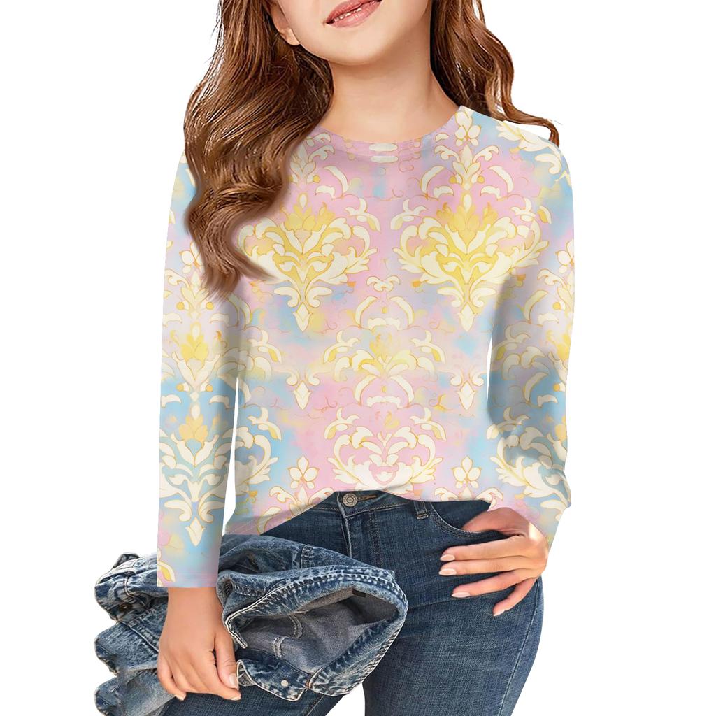 Футболки с длинным рукавом для девочек, детские осенние топы, с круглым вырезом, с принтом, базовые футболки