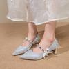 Fashion Not Tired Feet Block Heel High Heels Wedding Shoes Women French Fine Shimmer Crystal Bridesmaid Single Shoes