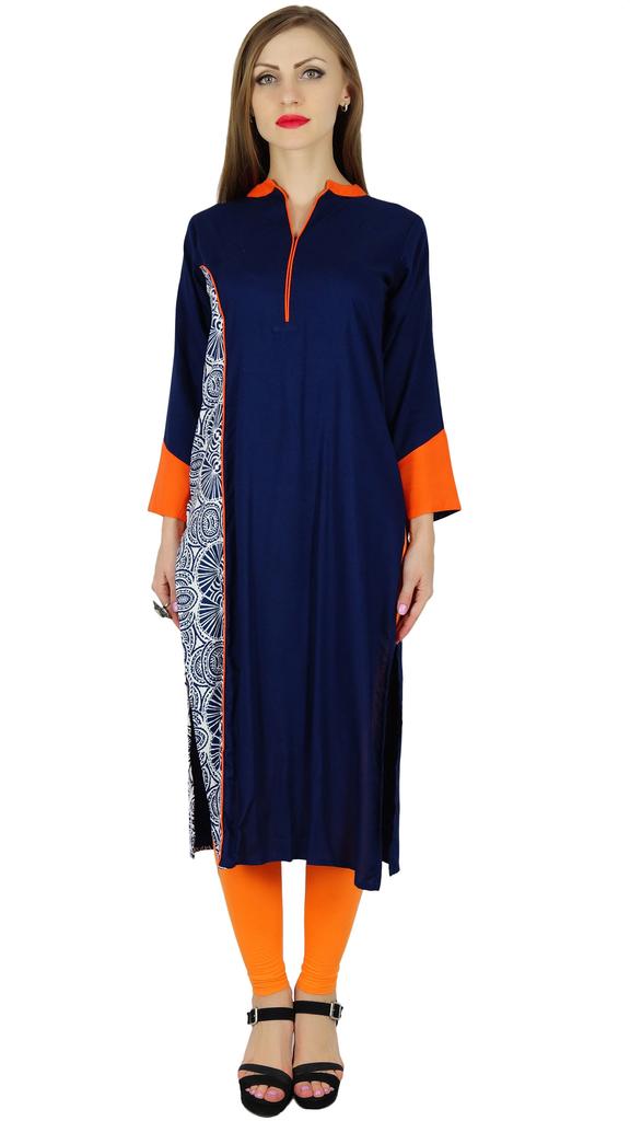 Bimba Women Blue Chic Style Tunic Indian Kurta Kurti Boho Collar Neck Blouse