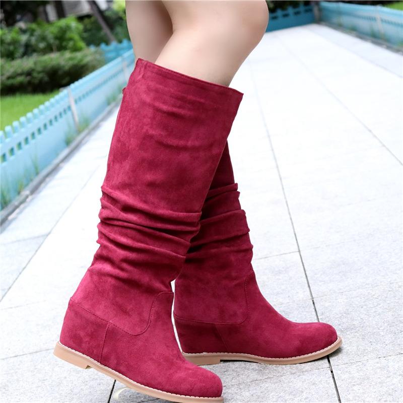 Suede Leather Women's High Boots Winter Shoes Pleated Hidden Heels Wedge Knee High Boots For Women Warm Fur Flats Boots Ladies