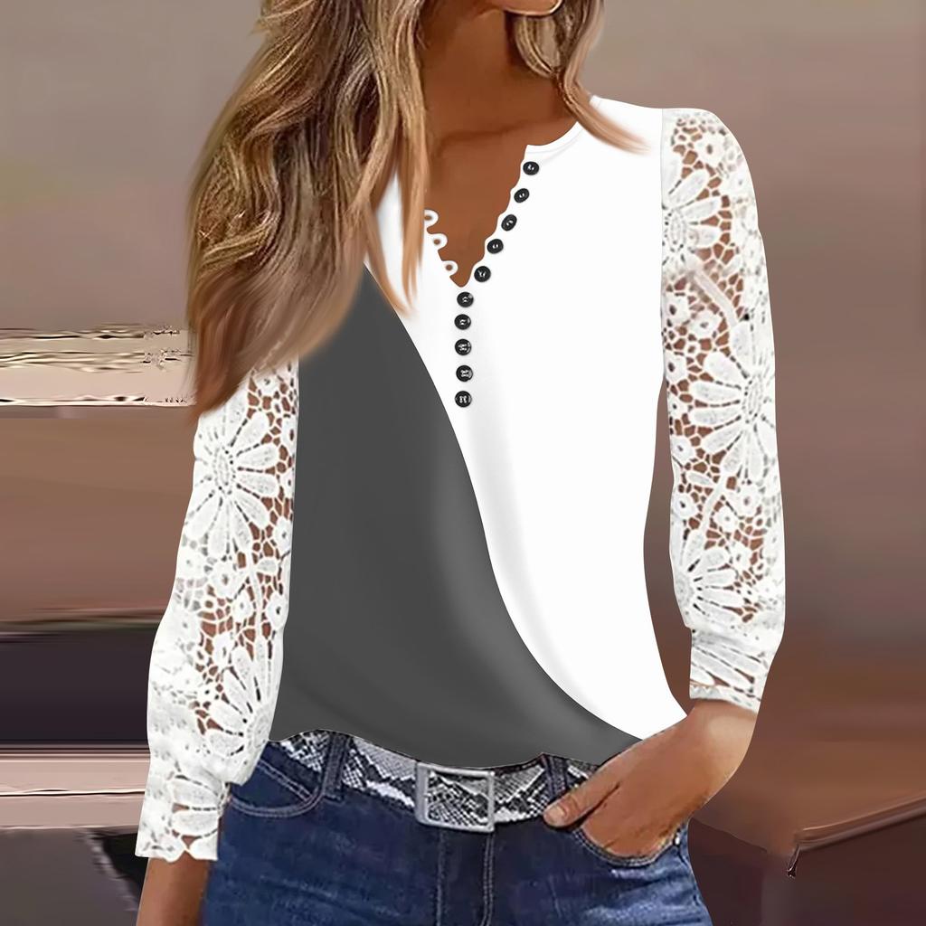 Women's T Shirt Tee Print Button Lace Long-sleeved  Daily Weekend Fashion Basic V- Neck Regular Top