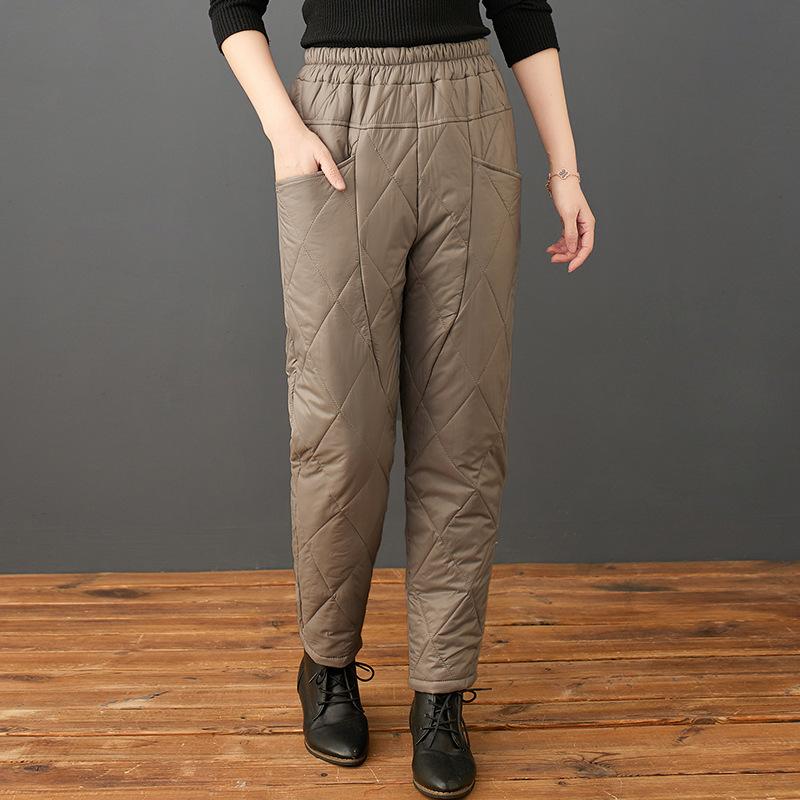 Женские зимние брюки с высокой талией, облегающие, ромбовидной стежкой, повседневные, однотонные, теплые брюки для холодной погоды