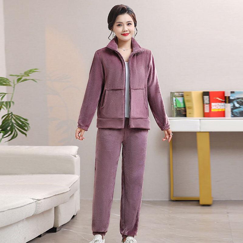 Winter Mother Autumn and Winter Plus Velvet Casual Fashion Suit Thickened New Middle-aged and Elderly Two-piece Outer Wear Women