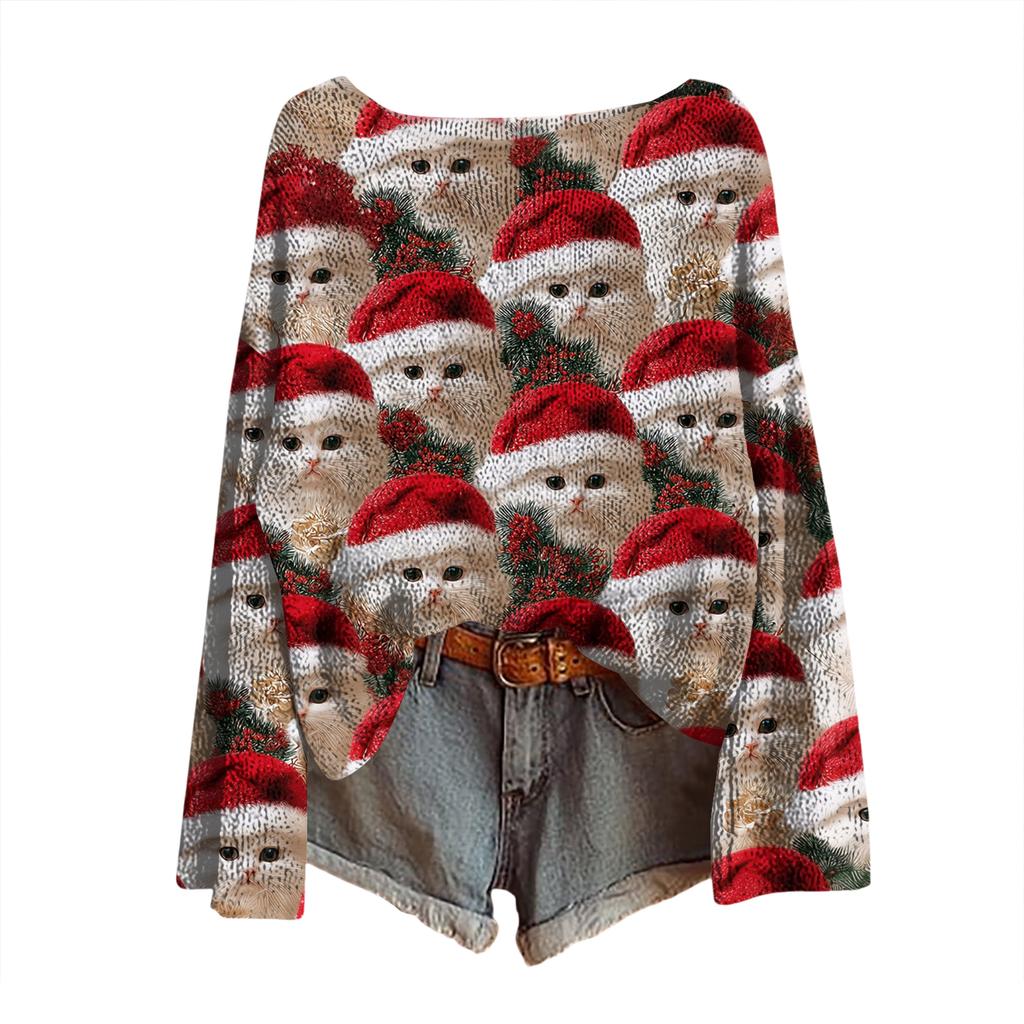 Women's Christmas Print Lightweight Sweater Casual Long Sleeve Knitted Pullover