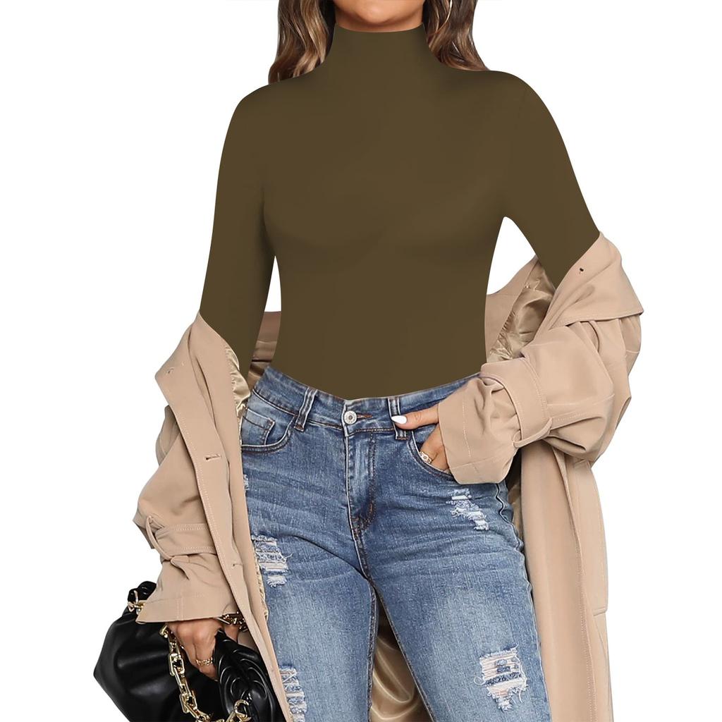 Женская цельная футболка, тонкий комбинезон с длинными рукавами и высоким воротом, однотонный топ