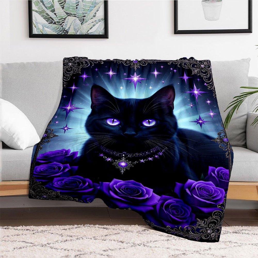 "Enchanted Purple Rose & Black Cat Wall Art Print"Blanket Flannel Throw Blanket for Sofa, Bed, Travel, Camping, Office