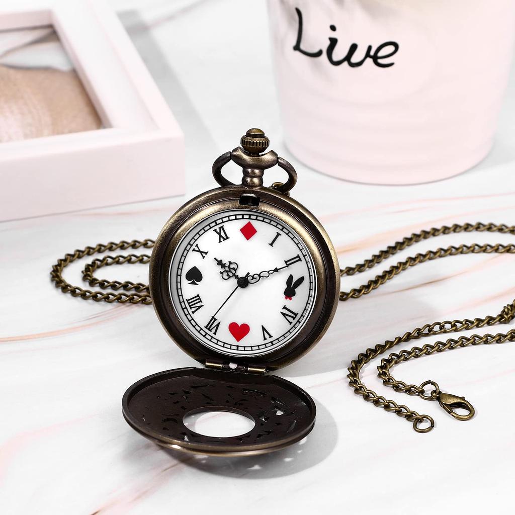 Pocket Watch Alice Cute Skeleton Antique Roman Analog Waterproof with Lid Pendant Watch Pocket Watch Ladies Necklace Retro Fashion Accessory Birthday