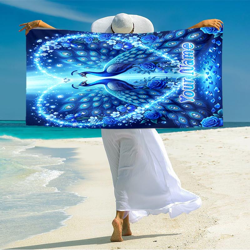1PC Custom Name Love Peacock Heart Beach Towel Highly Absorbent And Sand-Resistant Towel for Swimming, Pool, Yoga, And Travel Lightweight