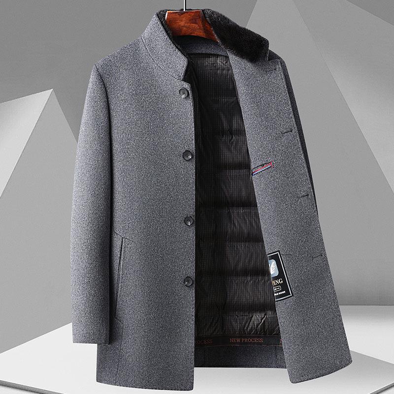 Мужское шерстяное пальто средней длины с мехом норки, съемной подкладкой из гусиного пуха и воротником-стойкой