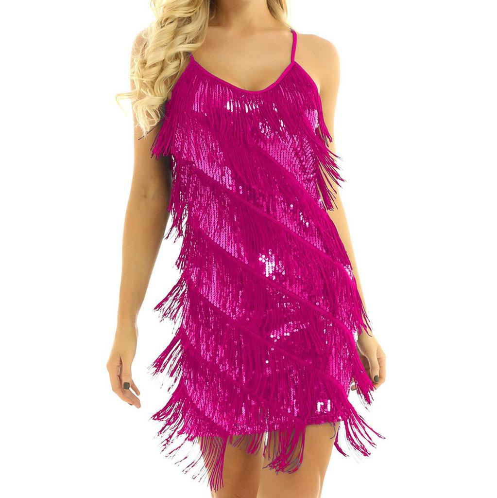 Женское однотонное концертное платье без рукавов с блестками и кисточками