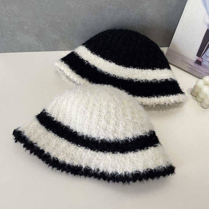 Полосатая осенне-зимняя шапка однотонная маленькая шапка в стиле ретро, универсальная, модная, плюшевая вязаная шапка, шляпа-ведро