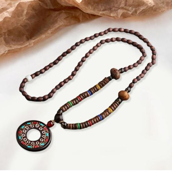 Винтажное ожерелье с подвеской в ​​этническом стиле, ожерелье из дерева, бисера, ручной работы, женский свитер, ожерелье, ювелирное изделие, подарок, модные аксессуары