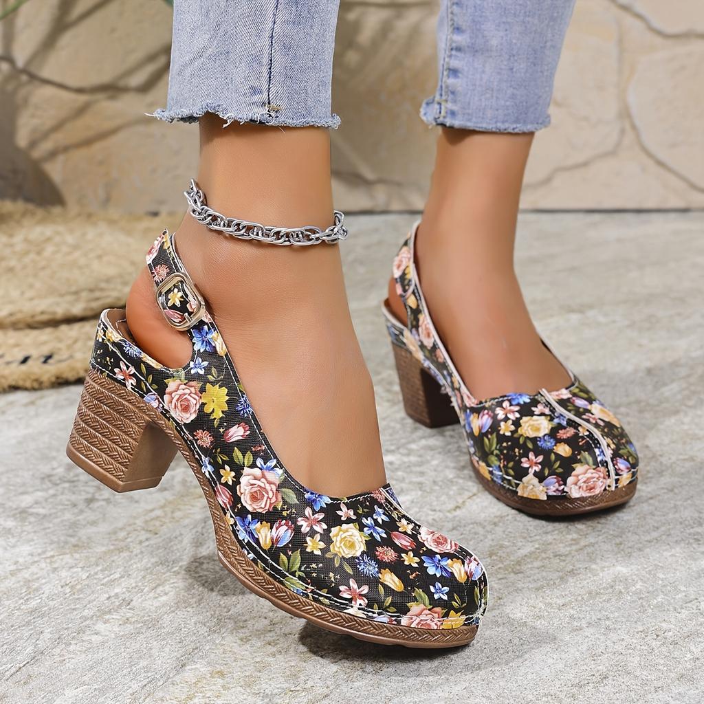 Ladies' Retro Round Toe Shallow Mouth Fashionable Printed Thick Heel High-heeled Single Shoe with A Straight Buckle Strap
