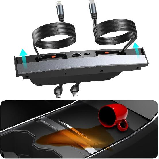 USB Charger Hub for Tesla Model Y&Model3 Center Console Retractable Phone Charger Model Y/3 Accessories 2024 2023 2022 2021